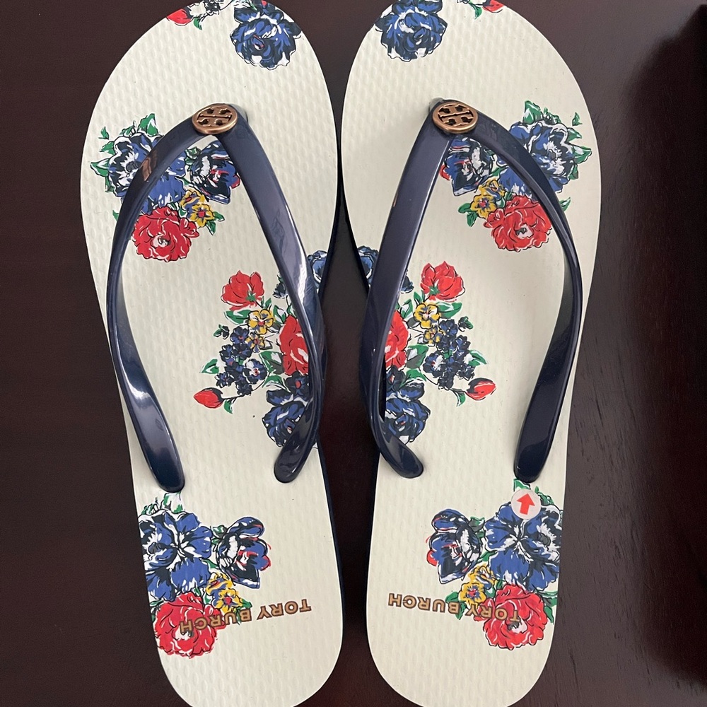 Tory Burch Floral Sandals - Navy and Cream
